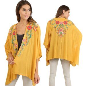 Umgee Mustard Yellow Floral Embroidered Kimnono‎ Cardigan Sz S/M Boho Cottage
